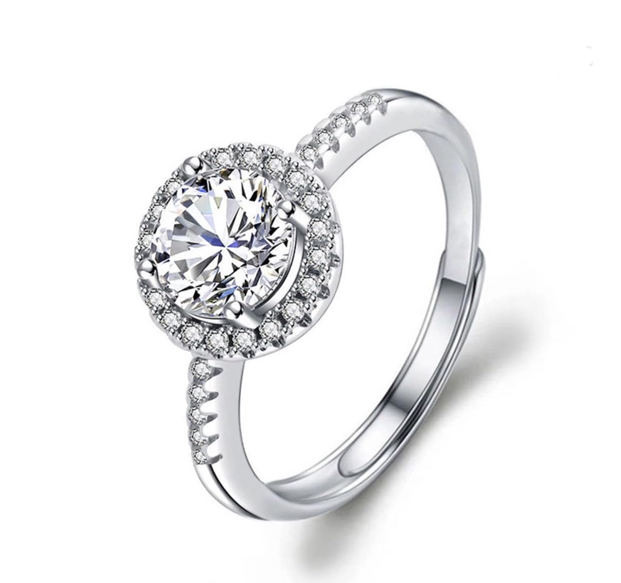 Anello di fidanzamento con halo rotondo, in acciaio inox placcato in platino, strass, regolabile, design elegante