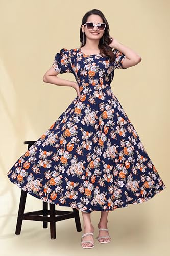 Image of Women's A-Line Crepe Maxi Dress | Stylish Fit and Flare Dress with Round Neck Short Puff Sleeves for Casual Wear