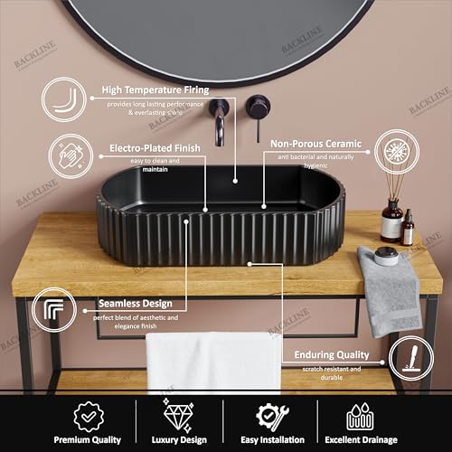 Image of B Backline Ceramic Table Top Wash Basin /Counter Top Basin Sink /Wash Basin Art Basins For Bathroom 20 X 15 X 4.5 Inches (Black Matt 2)