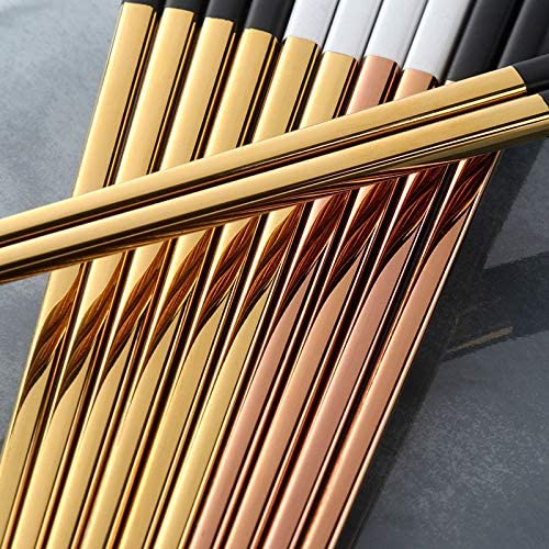 Baguettes, Baguettes Chinoises Chopsticks Reusable 5 Pairs Chopsticks Stainless Steel Titanize Chinese Gold chopsitcks Set Black Metal Chop Sticks Set Used for Sushi Dinnerware,B(A)