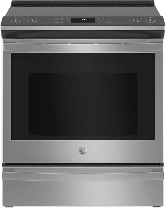 GE Profile PSS93YPFS 30 SlideIn Smart Electric Range with 4 Radiant Heating Elements, 5.3 Cu. Ft. True Convection Oven, Storage Drawer, WiFi, Self Clean with Steam Option,