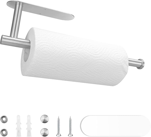 MI CASA Kitchen Roll Holder under Cabinet, Self-Adhesive or Perforated Paper Towel Holder for Bathroom and Kitchen Accessories, Multipurpose Stainless Steel Paper Towel Holder, Silver