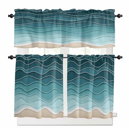 Turquoise Waves Kitchen Curtains 36 Inch Length, 3 Piece Rod Pocket Small Half Tiers and Valance Set, Simple Ombre Abstract Sea Waves Art Small Large Window Treatment Decor for Bedroom/Bathroom Sink