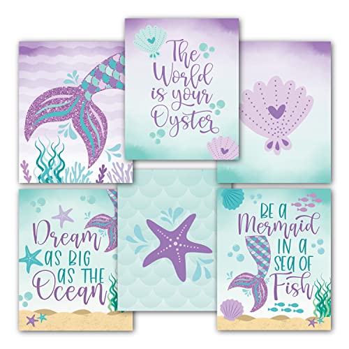 6 Reversible 8x10 Mermaid Decor Prints, Mermaid Birthday Party Supplies, Mermaid Birthday Decorations, Under The Sea Decorations for Girls Bedroom Posters, Mermaid Bathroom Decor Wall Art Prints