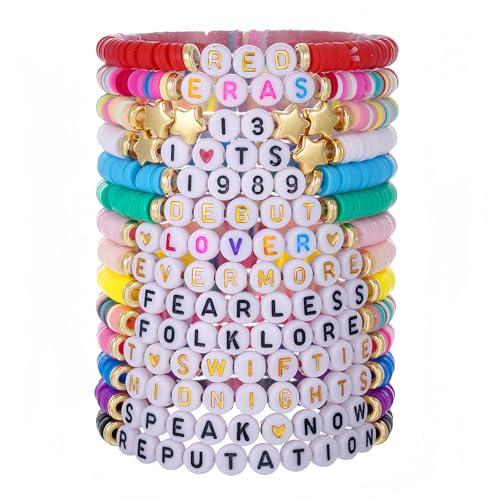 Shengxi 14 Stück Album Inspiriertes Armband Set Boho Scheiben Armband Heishi Perlen Stretch Armband Stapelbare Freundschaftsarmbänder Buntes Perlen Stretch Armband für Mädchen TS-Fans