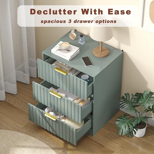Image of Fluted 3 Drawer Dresser,24 inch Wood Night Stand, Bedside & End Table with Metal Handles, Modern Wood Chest of Drawers for Bedroom, Entryway, Hallway,Living Room,Green