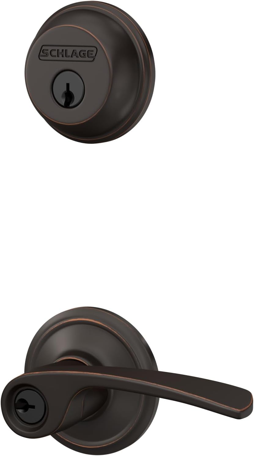 Schlage FB50 N V MER 716 Single Cylinder Deadbolt and Keyed Entry Merano Lever, Aged Bronze