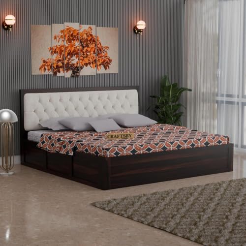 Image of Solid Sheesham Wood King Size Bed with Box Storage | White Upholstered Cushion Headboard | Wooden Double Bed for Bedroom | Palang /Cot /Mancham, Walnut Finish