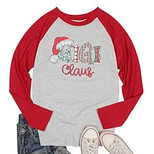 Grandma Claus Shirt Women Funny Christmas Graphic Tee Casual Raglan Splicing Long Sleeve Pullover Tops Gigi Shirts Red