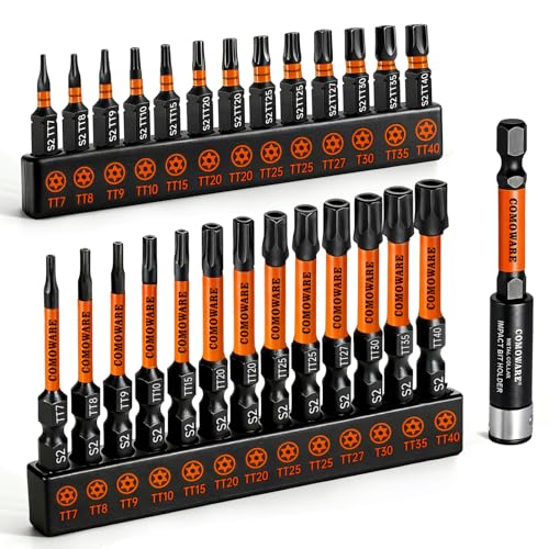 Image of COMOWARE 27pcs Impact Torx Bit Set (TT7-TT40), S2 Steel 1 /4 inch Allen Bit, CNC Security Torx Set, 1&2 inch Screwdriver Set, Tamper-Proof Star Screwdriver Set with Magnetic Bit Holder and Storage Box