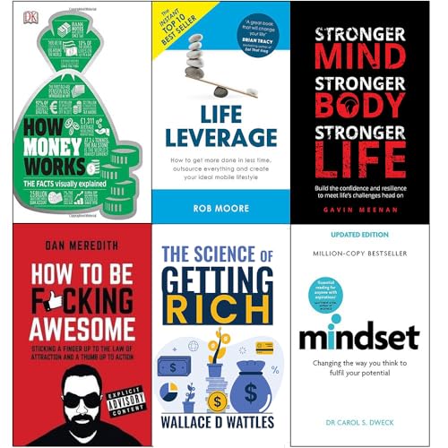 How money works, life leverage, mindset with muscle, how to be f*cking awesome, fitness mindset and mindset carol dweck set 6 books collection set