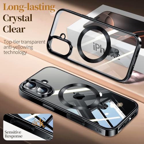Image of ESTPEAK Titanium Black CD Mag-Stand Case for iPhone 16 Case with Invisible Magnetic Ring, [Fit for MagSafe] [Never Yellowing] Top Clear Phone Case Cover for iPhone 16 6.1 inch Men Women