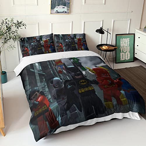 Lego Batman Juego De Ropa De Cama, 3 Piezas, Batman Lego Funda Edredón Microfibra Suave con Cremallera Funda De Almohada Funda De Edredón para Adolescentes Y Niños Double(200x200cm)
