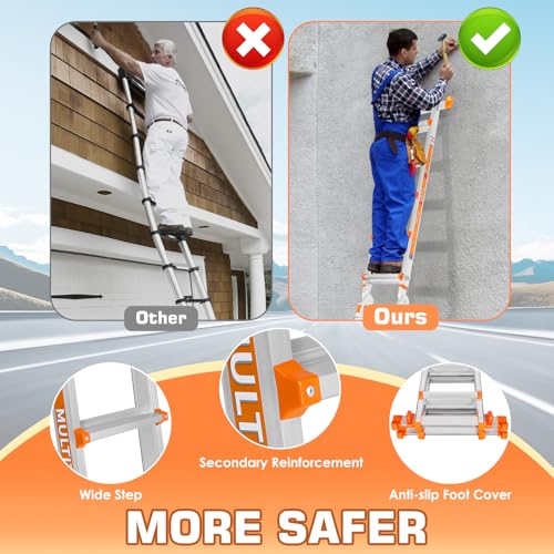 Image of LEVELEVE Telescoping A Frame Ladder, 14FT Multi Position Ladder with Stabilizer Bar & Wheels,330 lbs Security Load for Stairs Home Indoor Outdoor Roof