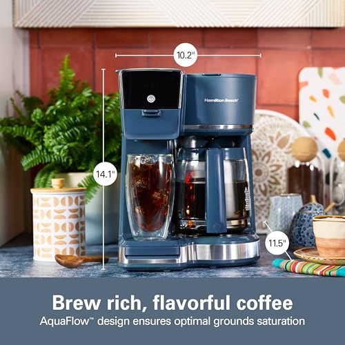 Image of Hamilton Beach 2-Way Drip Coffee Maker & Single Serve Coffee Machine | Hot & Iced Coffee Maker| 12 Cup Glass Carafe| AquaFlow Showerhead | Auto Pause & Pour | Kitchen Makeover Blue |47502J