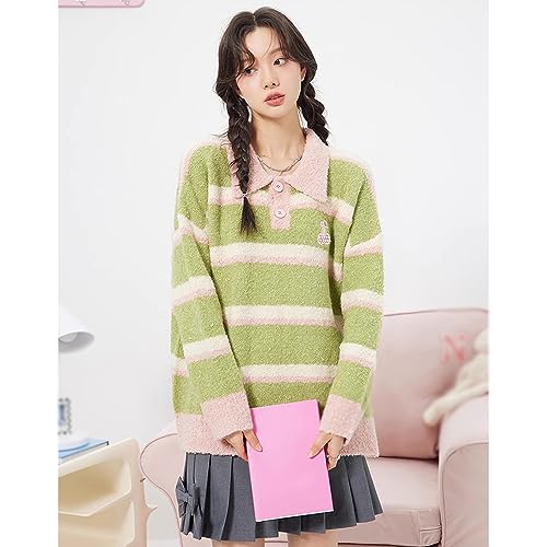 Autumn Wool Polo Collar Sweater, Striped Color Matching Casual Loose Sweater3