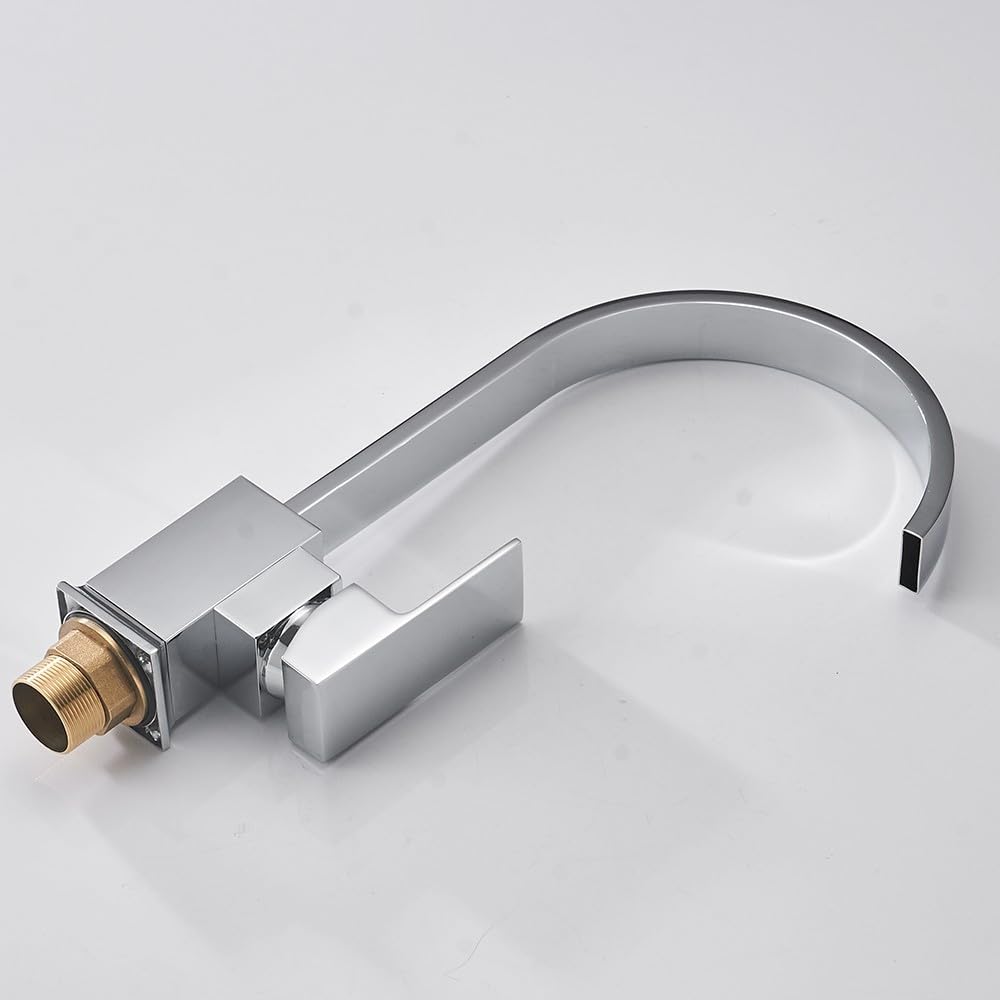 Kitchen Sink Mixer Taps Solid Brass Chrome Finish Modern Square Flat Spout 360 Degree Swivel Waterfall Effect Monobloc Faucet for Single Lever with UK Standard Fittings - Image 4