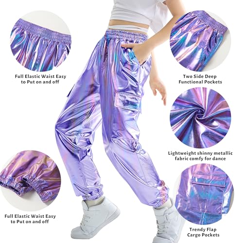 Image of Rolanko Girls Shiny Metallic Cargo Pants, Sparkle Jogger Pants for Girls Hip Hop Dance Streetwear Cargo Trousers 6-15 Years