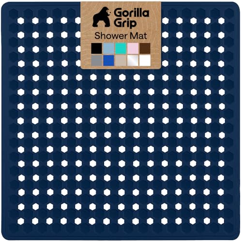 Image of GORILLA GRIP Patented Square Shower Stall Mat, Small Bathtub Floor Mats for Stand Up Showers, Suction Cups and Drainage Holes, Machine Wash, Soft on Feet, Bathroom Accessories 21x21 Inch, Navy Opaque