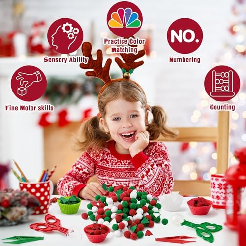 Image of EZdhuawuse Summer Fine Motor Toys - 270Pcs Counting Sorting Sensory Bin Filler Set for Kids Xmas Counting Toy with Felt Xmas Tree Pom Poms Cup Clip for Preschool Education Activities