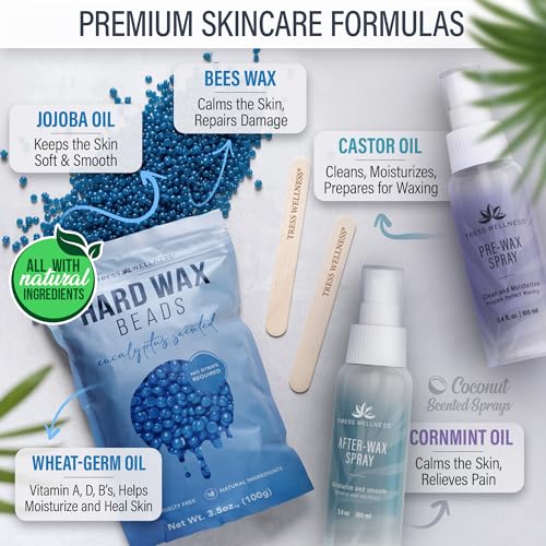 Image of Tress Wellness Award Winning Waxing Kit for Sensitive Skin - Safe for Face & Skin, Easy to Use - At-Home Kit for Face, Bikini, Brazilian & Full Body - Digital Display, Blue