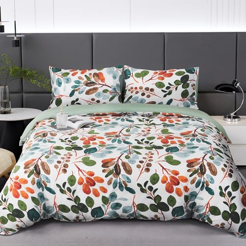 Parure de Lit Floral Microfibre à Motif Printemps Branches et Feuilles, 1 x Housse de Couette 220x240 cm 2 Personnes et 2 x Taies d'oreiller 65x65 cm Moderne...