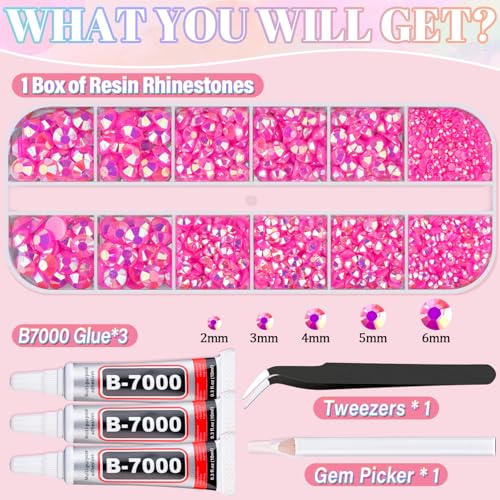 Image of Resin Rhinestones for Crafting with 3Pcs 10ml B7000 Jewelry Glue, 1 Box Hot Pink AB Flatback Gems Crystals Diamond for Bedazzling Crafts DIY Nail Art Makeup, Gems for Clothing Tumblers Shoes