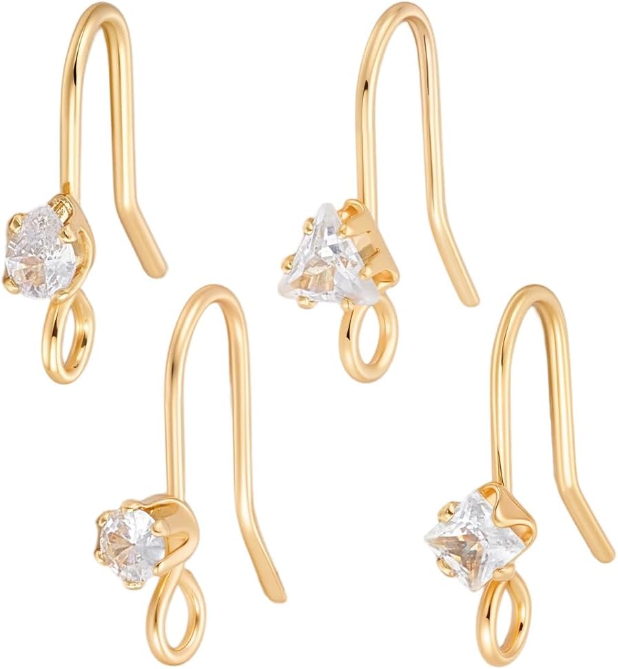 Beebeecraft 32Pcs 4 Styles Cubic Zirconia Earring Hooks 18K Gold Plated Ear Wire Fish Hooks Findings for Jewelry Making DIY Earring Craft Accessories Supplies