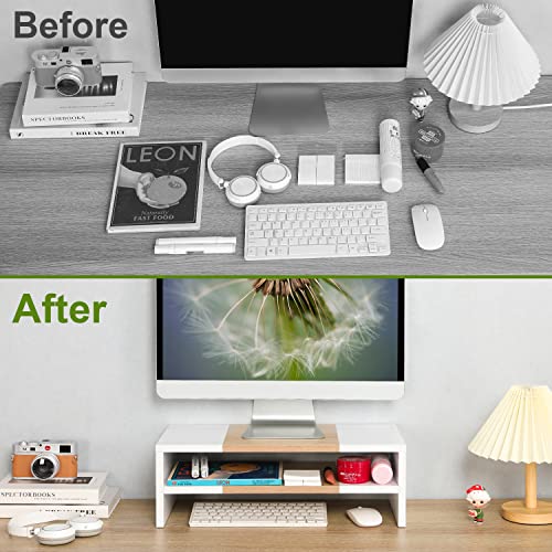 Image of TEAMIX 2 Tiers Desktop Monitor Stand Riser 20 Inch Printer Stand with Storage Small TV Riser Laptop Wooden Desk Organizer Shelf Bookshelf Maple (White+Maple, 2 Tiers) | Laptop /PC /Printer /Keyboard Storage, Ergonomic Design, 15mm thick Sturdy Wood Boards, TV Stand, Home Office Desk Accessories