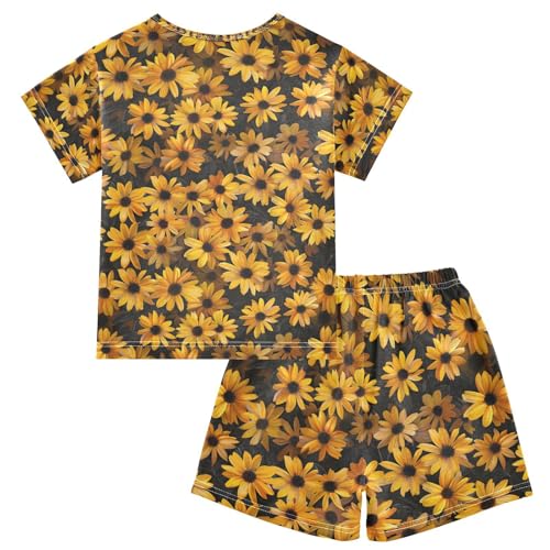 ALAZA Yellow Flower on Black Pajamas Set Short Sleeve Cotton Sleepwear Summer Pjs 2 Piece 5-14Y2