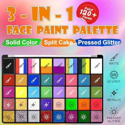 Face Painting Kit for Kids - 40 Color Pro Facepaint Palette Non-Toxic Water Activated, Complete Kit with Brush, Stencil, Sponge, for Birthday Parties, Carnival, Costume Makeup, Festivals & Events