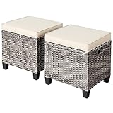 RELAX4LIFE 2-Piece Patio Rattan Ottomans - Outdoor Wicker Furniture w/ 2 Footrest Stools, Comfortable Cushions & Steel Metal Frame, All-Weather Patio Set for Backyard,Garden (White)