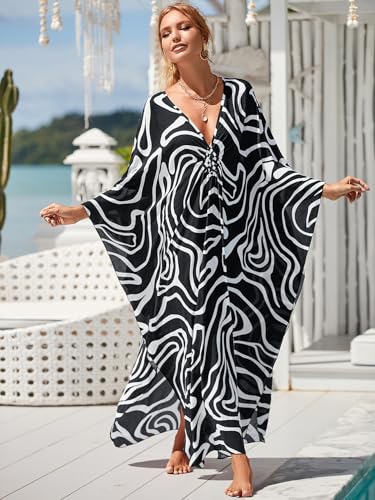 Image of IMAGEKOPE Women's Plus Size Animal Print V-Neck Batwing Kaftan Beach Dress Bathing Suit Cover-Up Loungewear