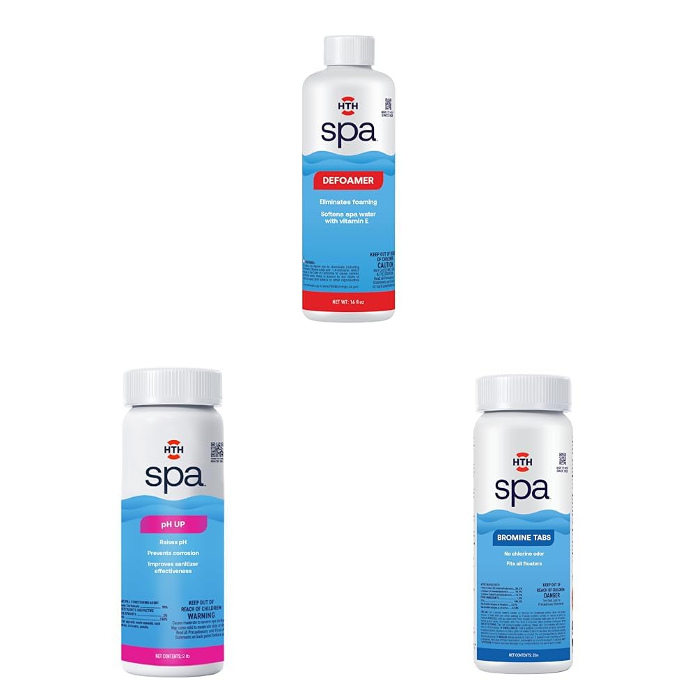 HTH Spa 86116 Defoamer & Spa 86133 pH Up, Spa & Hot Tub Chemical Raises pH, Prevents Corrosion, 2 lbs & Spa 86108 Bromine Tabs, Spa & Hot Tub Chemical Sanitizer, Fits All Floaters, 2 lbs