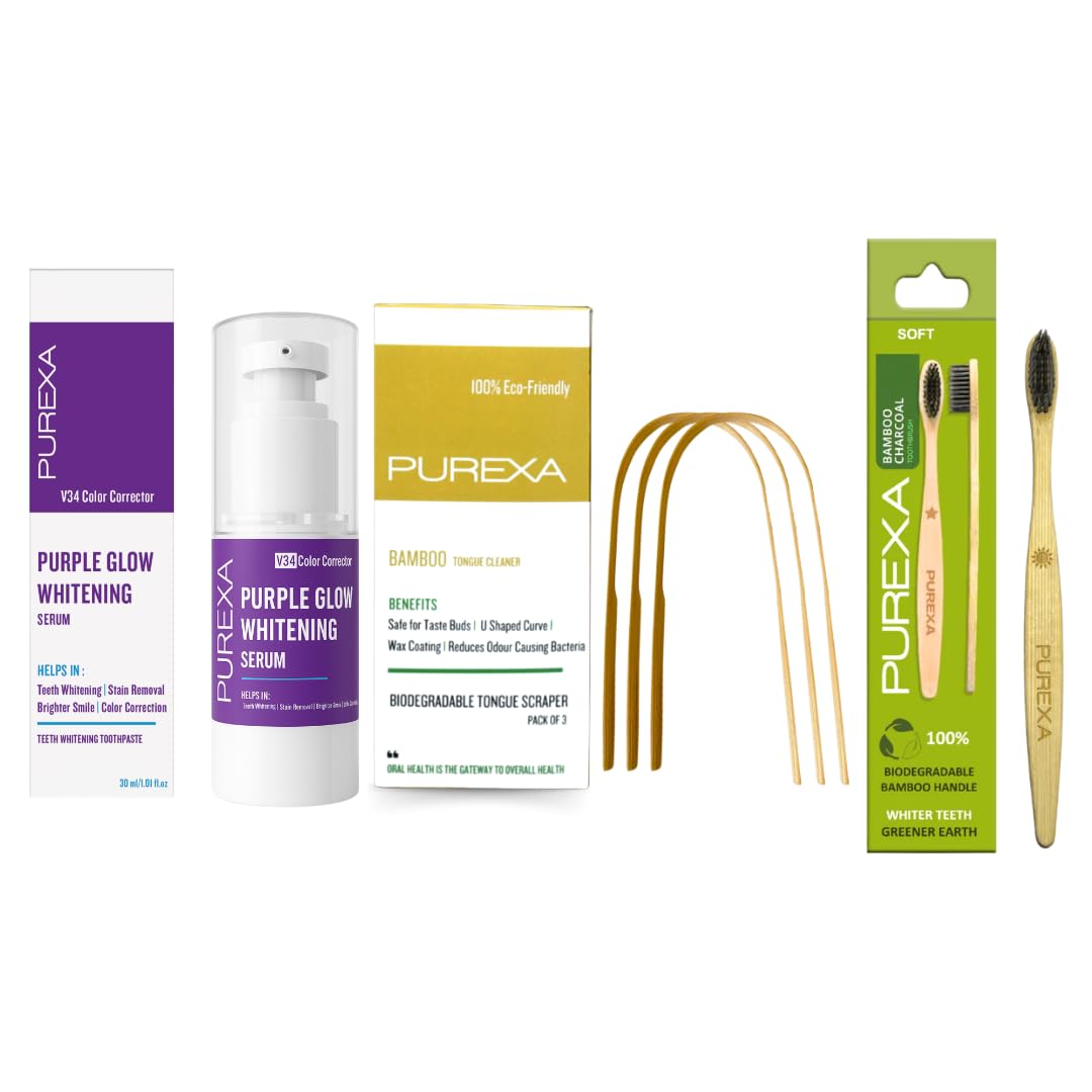 PUREXA Teeth Whitening Combo- Purple Glow Teeth Whitening Toothpaste, 30ml + Bamboo Tongue Cleaner for Gentle Tongue Cleaning, Pack of 3 + Bamboo Soft Bristles Activated Charcoal Toothbrush, Pack of 1-image-37