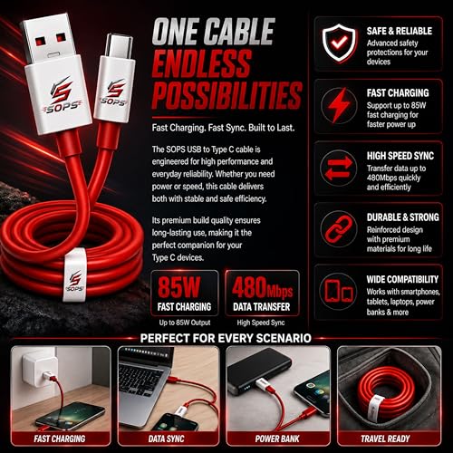 Image of 8A Type C Cable | 80W Charging Type C Cable | 8-Amp Vooc Supported Fast Charging Data Cord | Red Colour Tangle Free 1 Meter SuperVooc Dart Compatible Wire