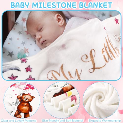 Image of Bear Monthly Milestone Blanket for Baby Girls Bear Star Balloon Flannel Blanket Newborn Infant Swaddle Baby Growth Blanket Photography Background with Wooden Signs,Frames,Headband