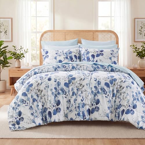 Regency Heights Lightweight Seersucker Botanical Comforter Set Queen Size, 9 Pieces Reversible Design Bed in A Bag Set, Premium Microfiber Bedding Set, Blue - image 2