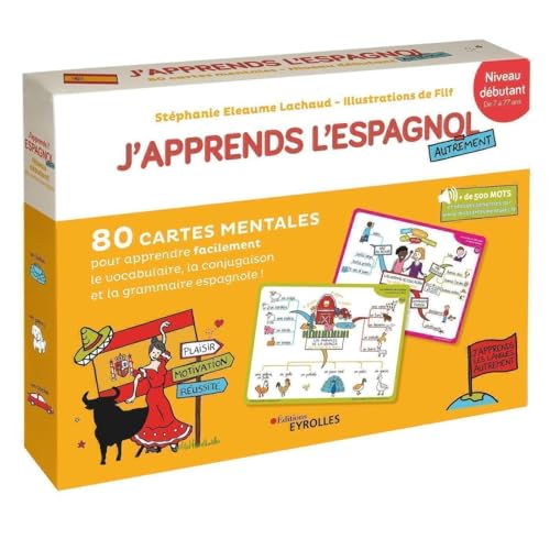 livre J'apprends l'espagnol autrement - Niveau débutant: 80 cartes mentales pour apprendre facilement la grammaire,la conjugaison et le vocabulaire espagnols ! + 1 livret explicatif