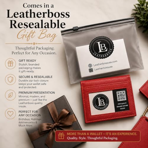 Image of LB LEATHERBOSS Slim Thin Leather Credit Card Triple ID Window Mini Wallet Bifold Driver License Safe (Cherry)
