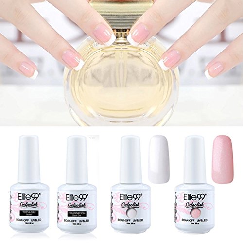 Elite99 Gel Nail Polish 4PCS White Pink French Manicure Nail Kit Top Coat Base Coat Tip Guides Stickers Nail Art