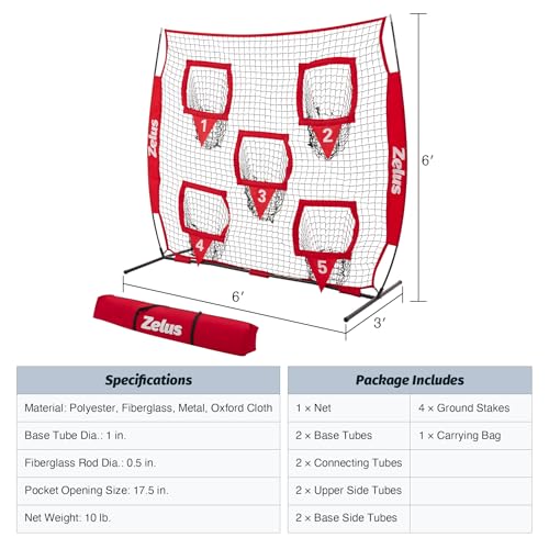 ZELUS 6 x 6ft Football Throwing Net, Quarterback Training Equipment with 5 Target Pockets, Football Practice Throwing Passing Accuracy Trainer with Carry Bag Ground Stakes for Kids Adults, Red by ZELUS - Used condition - Image 7