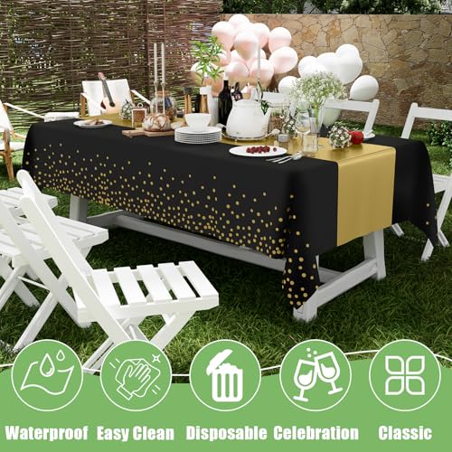 Image of Smiry Plastic Table Cloth Disposable 10 Pack, 54 x 108 Inch Rectangle Waterproof Tablecloth, Printed Gold Table Runner Style for Birthday Weeding, Party Decorations, Leakproof & Sturdy, Black and Gold