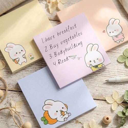 Image of Cute Cartoon RABIT Sticky Notes | Pastel Memo Pad Set | Study & Office Use - Pack of 4 | 80 Sheets Per Pack | 3.15x3.15in Self-Stick Note Pads (RABIT Sticky Notes)