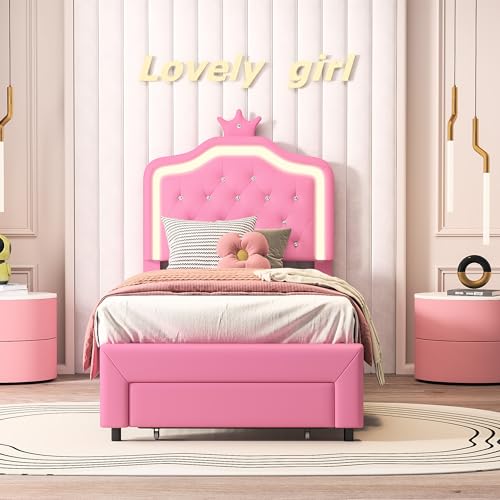 LKPOMI Cama Infantil niña 90 x 200 cm con LED, Cama Individual con cajones, somier de láminas y cabecero de Corona Ajustable, para Adultos, Adolescentes, Niñas, PU, sin colchón (Rosa, 90 x 200 cm)
