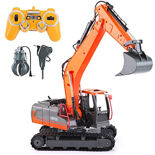 VATOS 2.4G RC Excavator Remote Control Toy Digger | 1:16 Scale 3-in-1 Excavate Drill Grasp Simulated Rechargeable RC Truck Construction Tractor Best Gift for Boys Girls Aged 8 9 10 11 12+