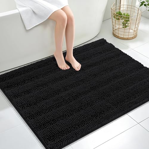 Image of OLANLY Thick Large Bathroom Rugs 40x32, Extra Soft Absorbent Chenille Striped Bath Rugs, Rubber Backing, Machine Wash Dry, Bath Mats for Bathroom Floor, Tub and Shower, Home Decor Accessories, Black