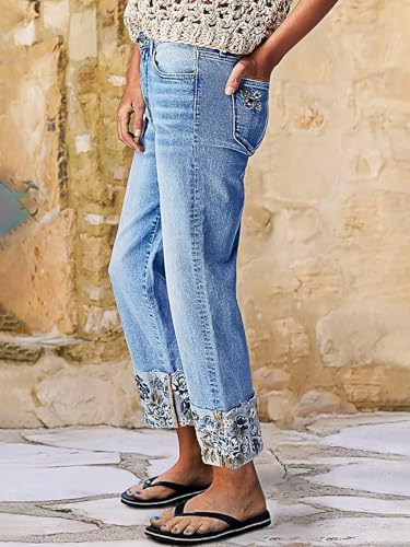 Flamingals Women's Mid Rise Straight Leg Roll Hem Floral Embroidery Bohemian Denim Crop Jeans2