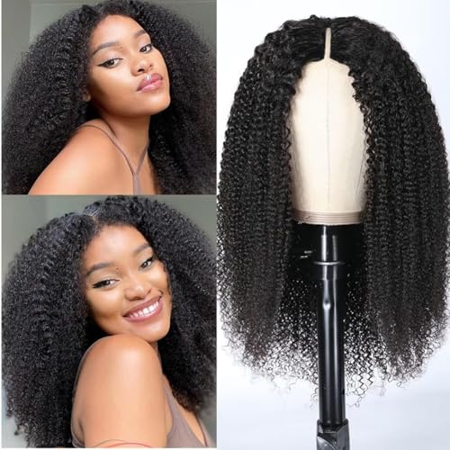 Tmbitto V Part Wig Human Hair 180% Density Upgrade U Part Human Hair Wig V Part Curly Wig Clips in NO Glue No Leave Out Curly V Part Afro Kinky Curly V Wig Natural Color 16 Inch