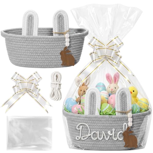 SiliFine Custom Easter Basket Personalized Easter Bunny Gift Basket with Name Rope Bow Ribbons and Gift Bag for DIY Egg Hunt Girls Boys(Gray)
